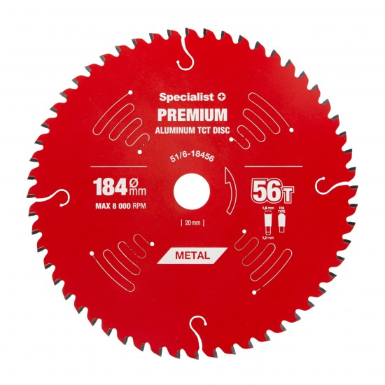 184 mm – 56T Cirkelzaagblad Aluminium Zaagblad - Asgat 20 / 16 mm - PREMIUM Kwaliteit - SPECIALIST+
