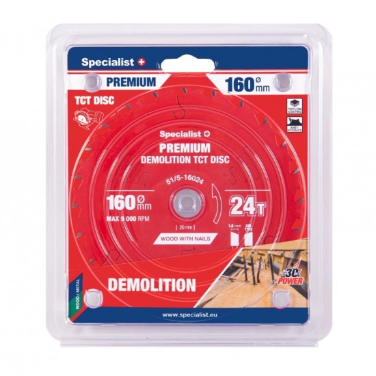 Cirkelzaagblad - 160x24T x 20mm voor Hout met Spijkers – Demolition PREMIUM SPECIALIST+