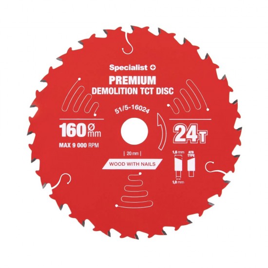 Cirkelzaagblad - 160x24T x 20mm voor Hout met Spijkers – Demolition PREMIUM SPECIALIST+