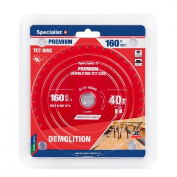 Cirkelzaagblad - 160x40T x 20mm voor Hout met Spijkers – Demolition PREMIUM SPECIALIST+
