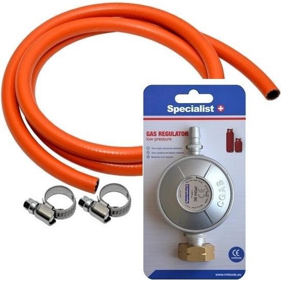 Gasdrukregelaar Set 36 mbar – Inclusief 1,5 m Gasslang + 2 Slangklemmen