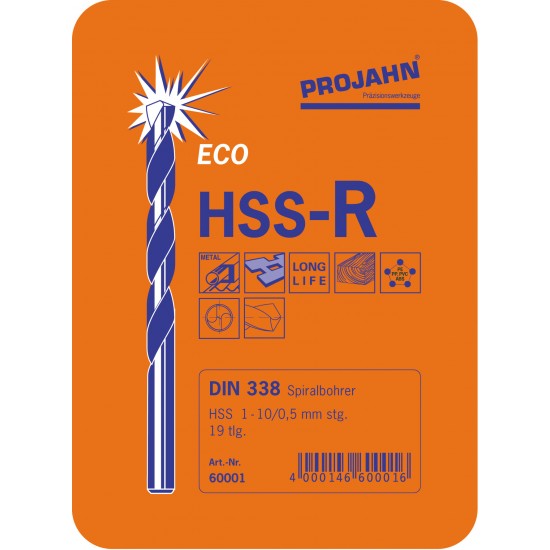 Spiraalboorcassette HSS, 1 - 10mm DIN 338 type N ECO 19 st , Metalen cassette