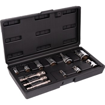 12-delige set van verloopstukken voor schroevendraaiers, doppen en bits.