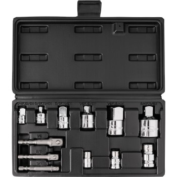 12-delige set van verloopstukken voor schroevendraaiers, doppen en bits.