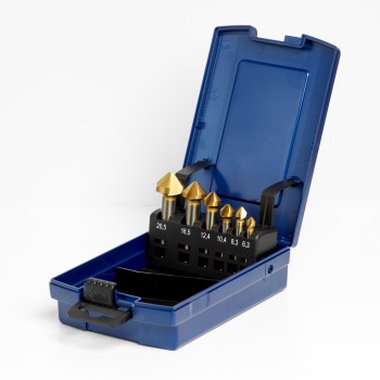 Verzinkfrees , Souvereinboor set 6-dlg HSS DIN335C 90° V-FL 6.3/8.3/10.4/12.4/16.5/20.5mm (TiN), in ABS-cassette