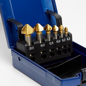 Verzinkfrees , Souvereinboor set 6-dlg HSS DIN335C 90° V-FL 6.3/8.3/10.4/12.4/16.5/20.5mm (TiN), in ABS-cassette