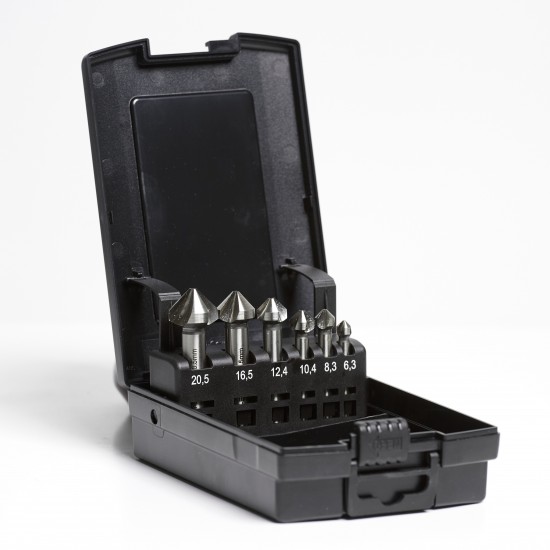 HSS-E Co5% RVS / INOX Verzinkboor Set DIN 335C - 90° U-Spiraal, 6-delig (6.3–20.5mm) in ABS-cassette