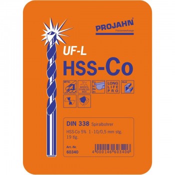 19-dlg Spiraalboorset 1 - 10 mm , HSS-Co DIN 338 Typ UF-L "Projahn''
